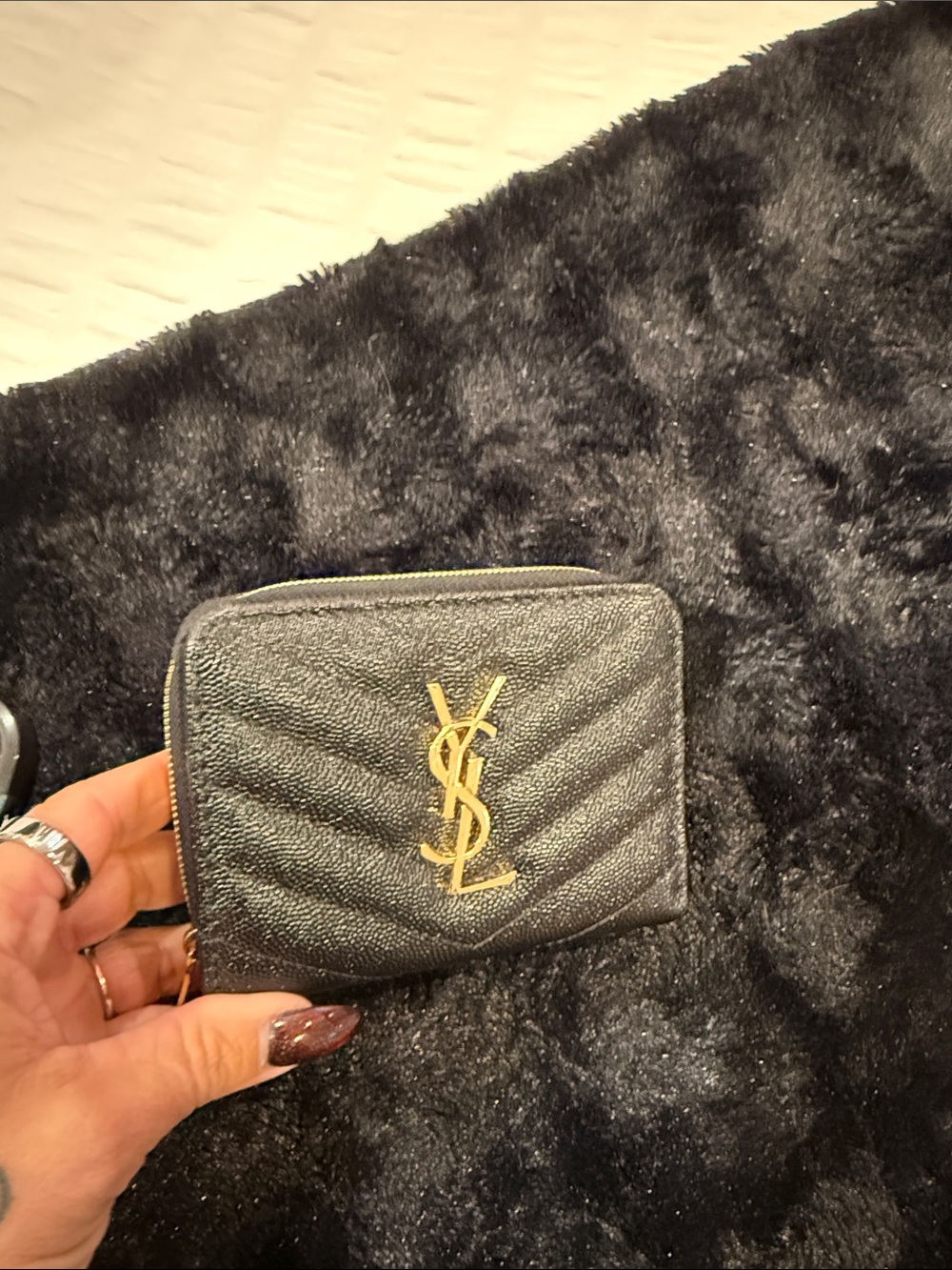 Saint Laurent Black Quilted Leather Zip-Around Card Wallet with Gold YSL